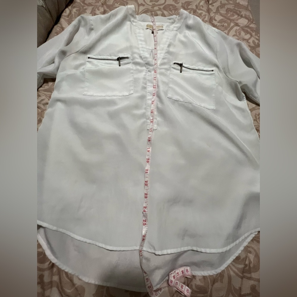 White, Michael Kors long-sleeve sheer blouse with zipper pockets. - Picture 4 of 5